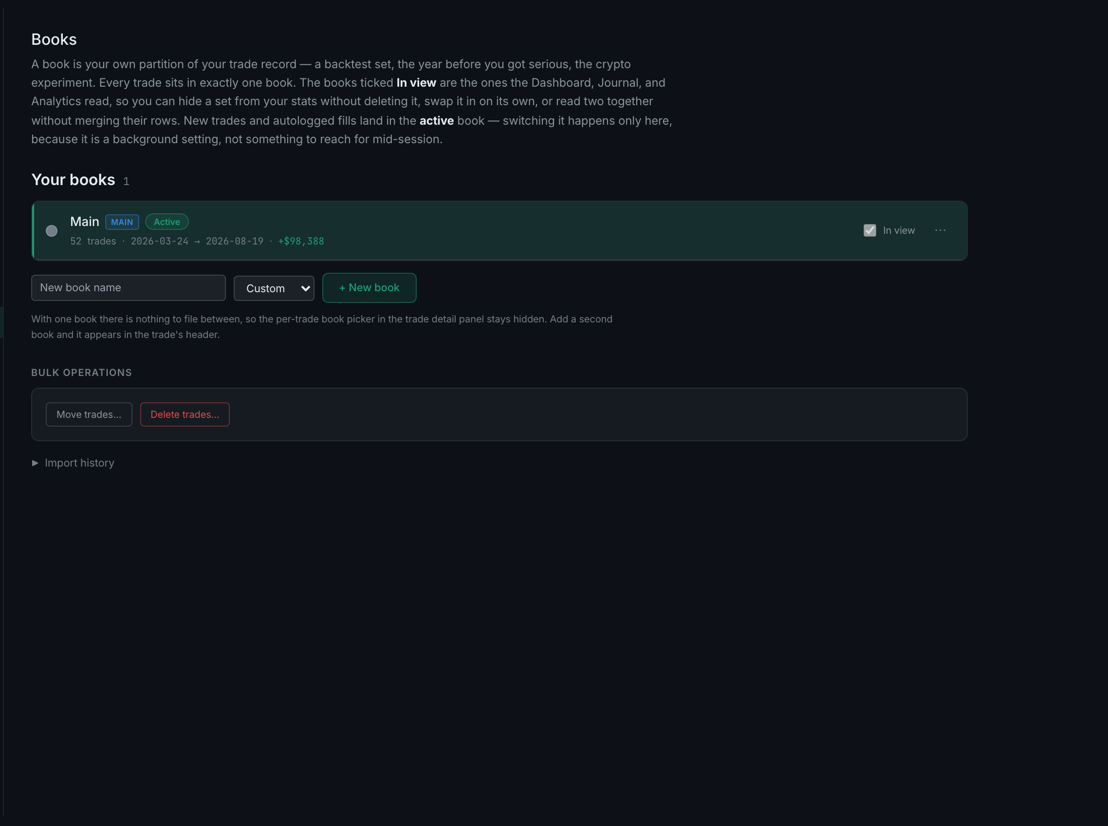 Settings → Books: the book list, each row with its colour, its trade count and its In view control