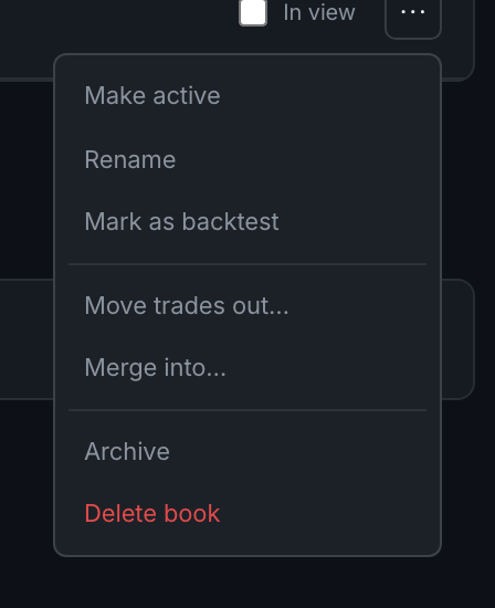 a Book row's overflow menu open, holding archive and the rest of the row's actions
