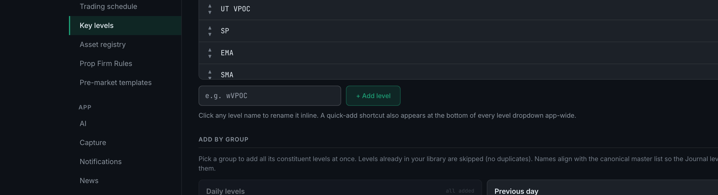the name box and the + Add level button, with the note that any level name can be renamed by clicking it