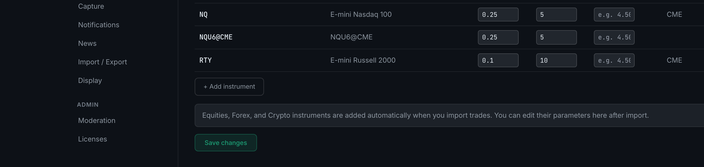the + Add instrument control beneath the table, and the note about instruments that arrive on import