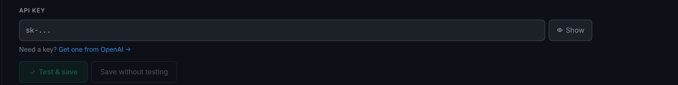 the masked key field, which is as far as the key ever gets