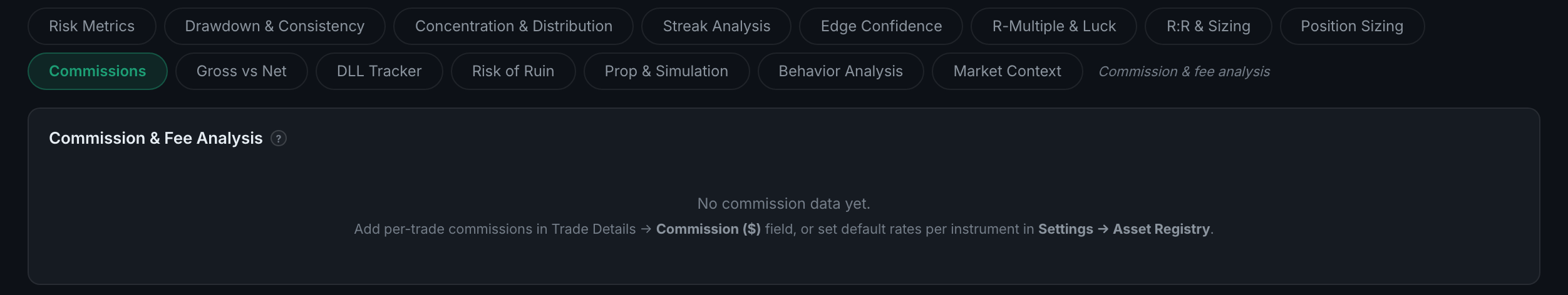 the Commissions sub-page with no commission data logged, showing both ways to supply it