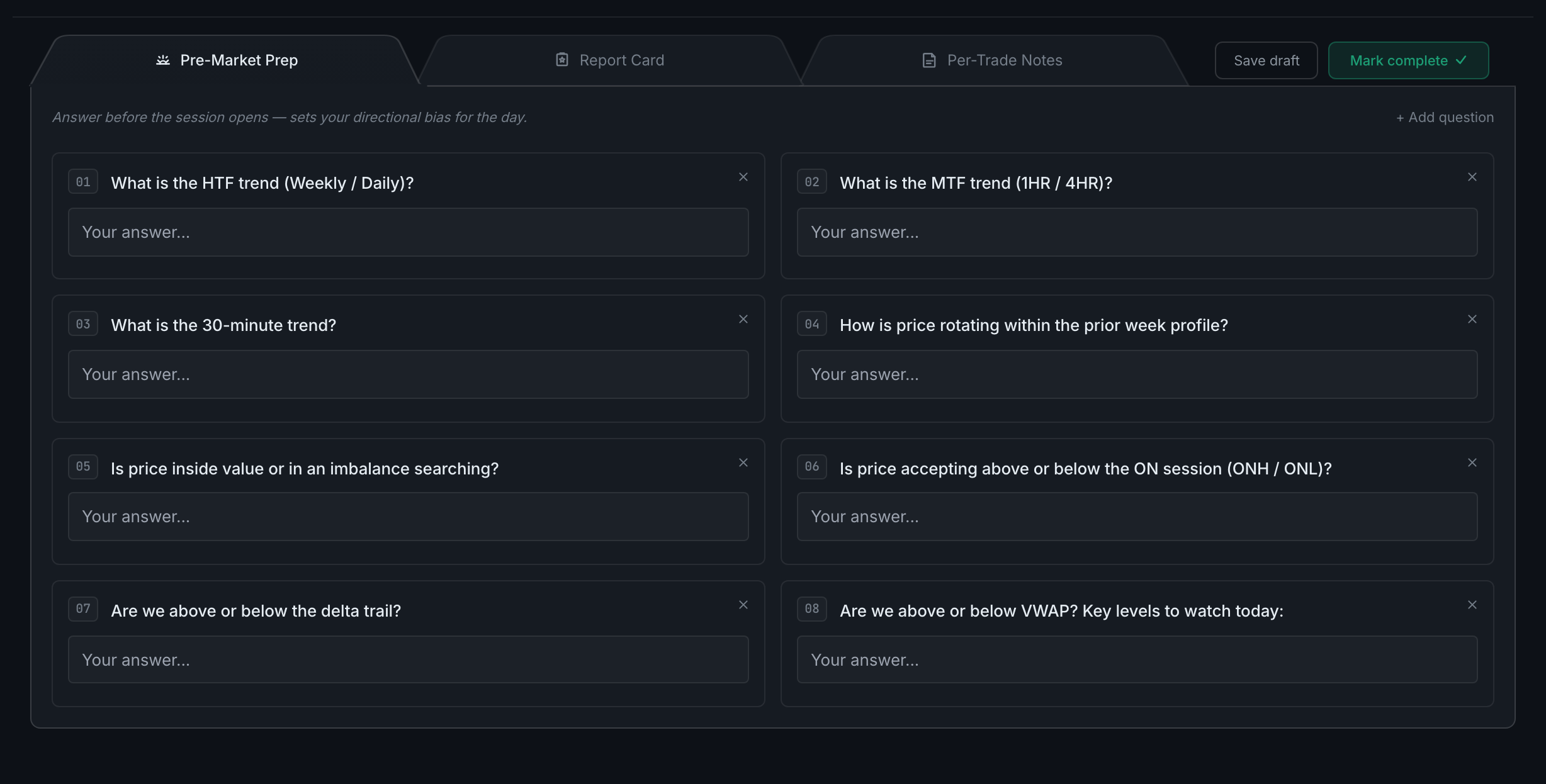 the Pre-Market Prep tab with its questions and the carryover note
