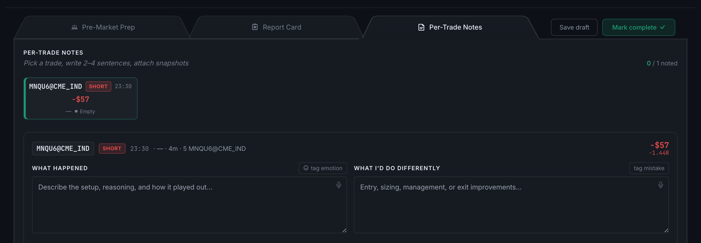 the Per-Trade Notes tab, one block per trade