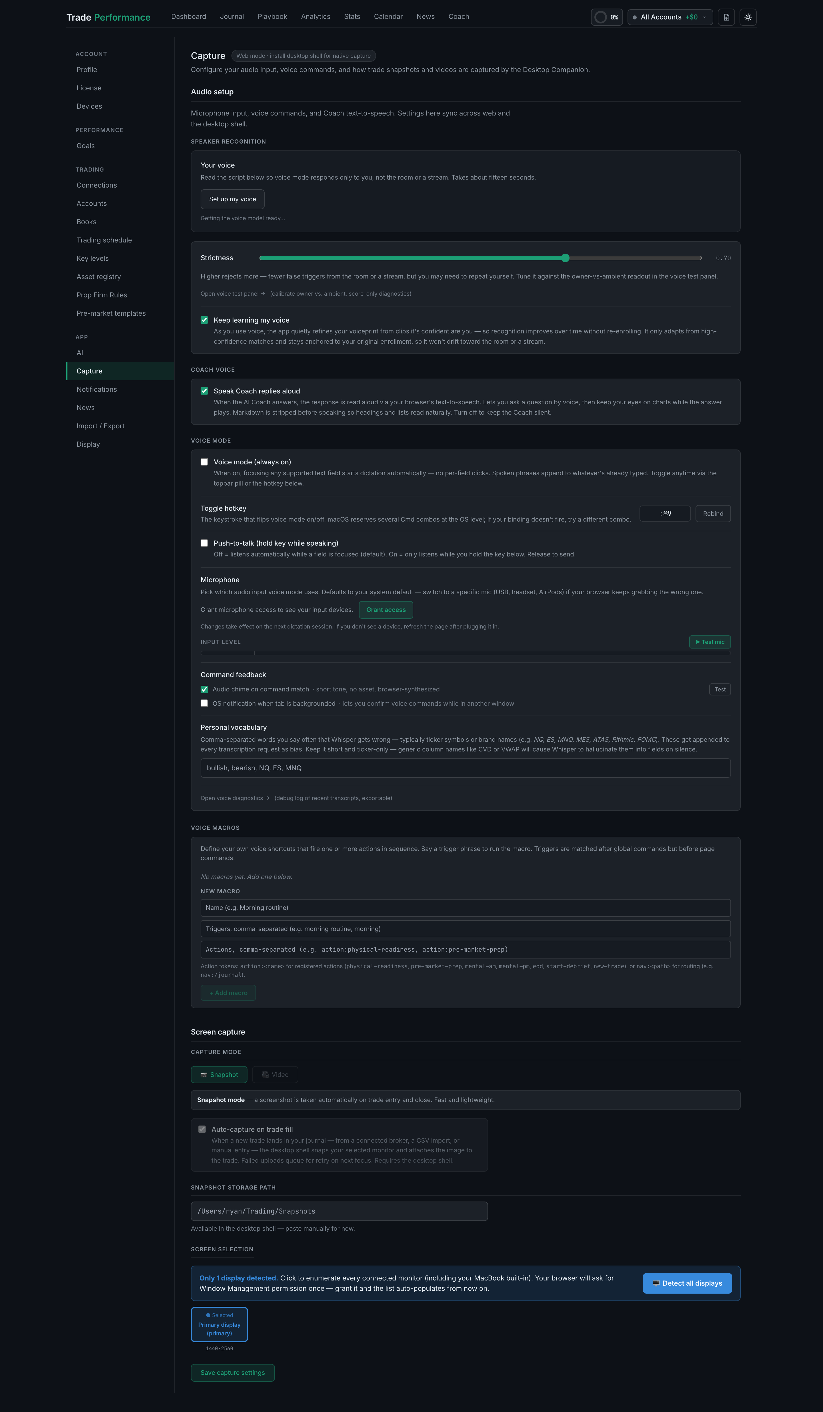Settings → Capture: the whole tab, with the sidebar showing Capture under App, Audio setup at the top and Screen capture below it