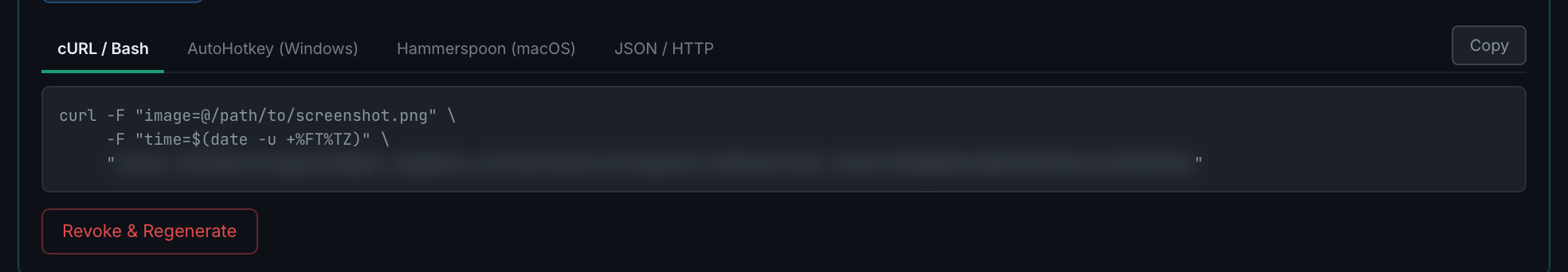 the four snippet tabs — cURL / Bash, AutoHotkey, Hammerspoon and JSON — the ready-to-paste command with the URL blurred, and Revoke & Regenerate below