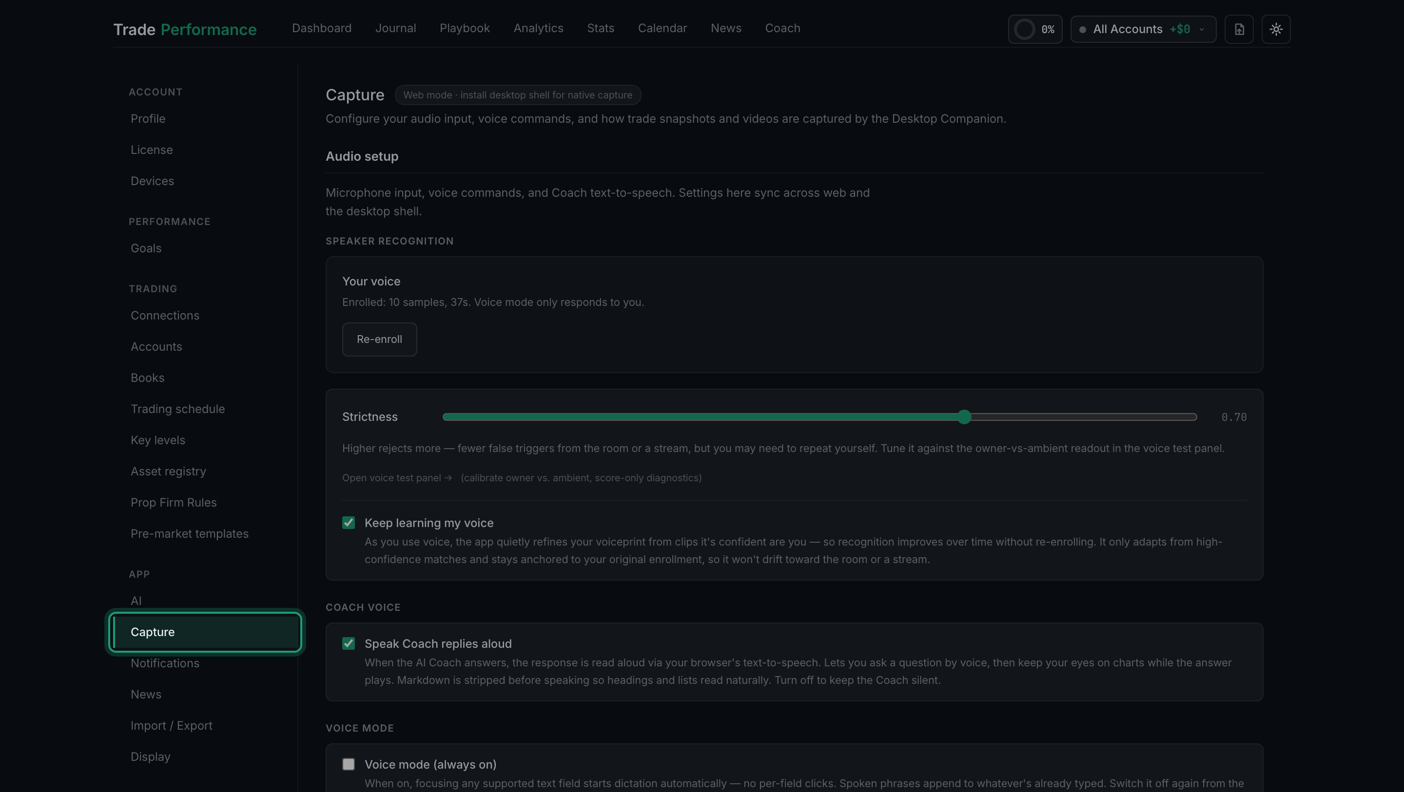 the Settings sidebar with Capture ringed, in the App group below Trading