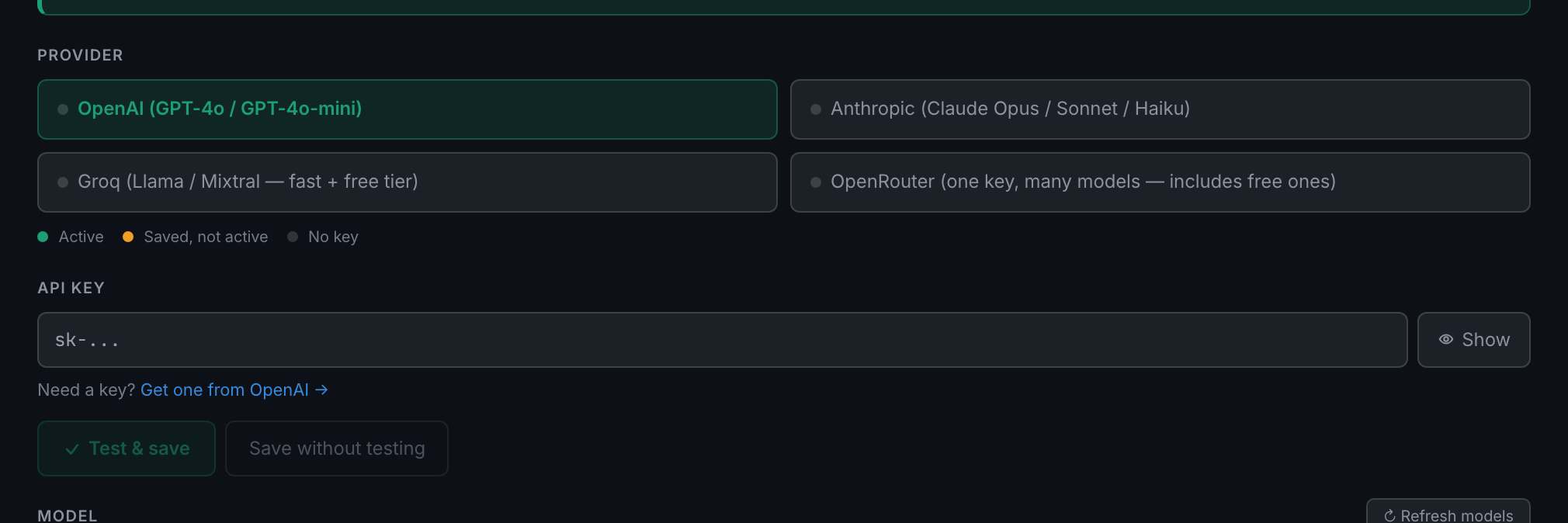 Settings → AI: the provider list, the status dots and the masked key field where a Groq or OpenAI key goes