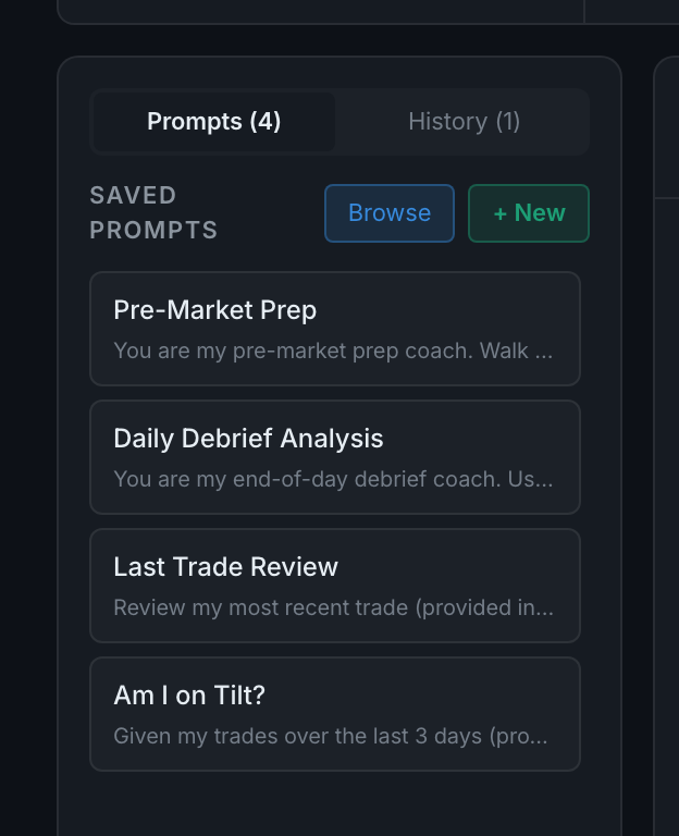 the saved-prompt sidebar: the Prompts and History tabs, Browse, + New, and four saved prompts