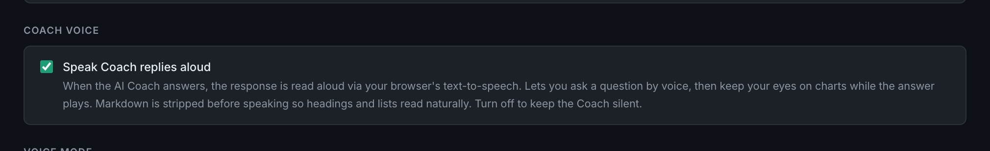 the Coach voice block on Settings → Capture → Audio setup, with the switch that reads replies aloud