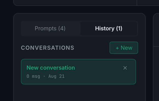 the History tab selected, with its count, the conversation list and + New