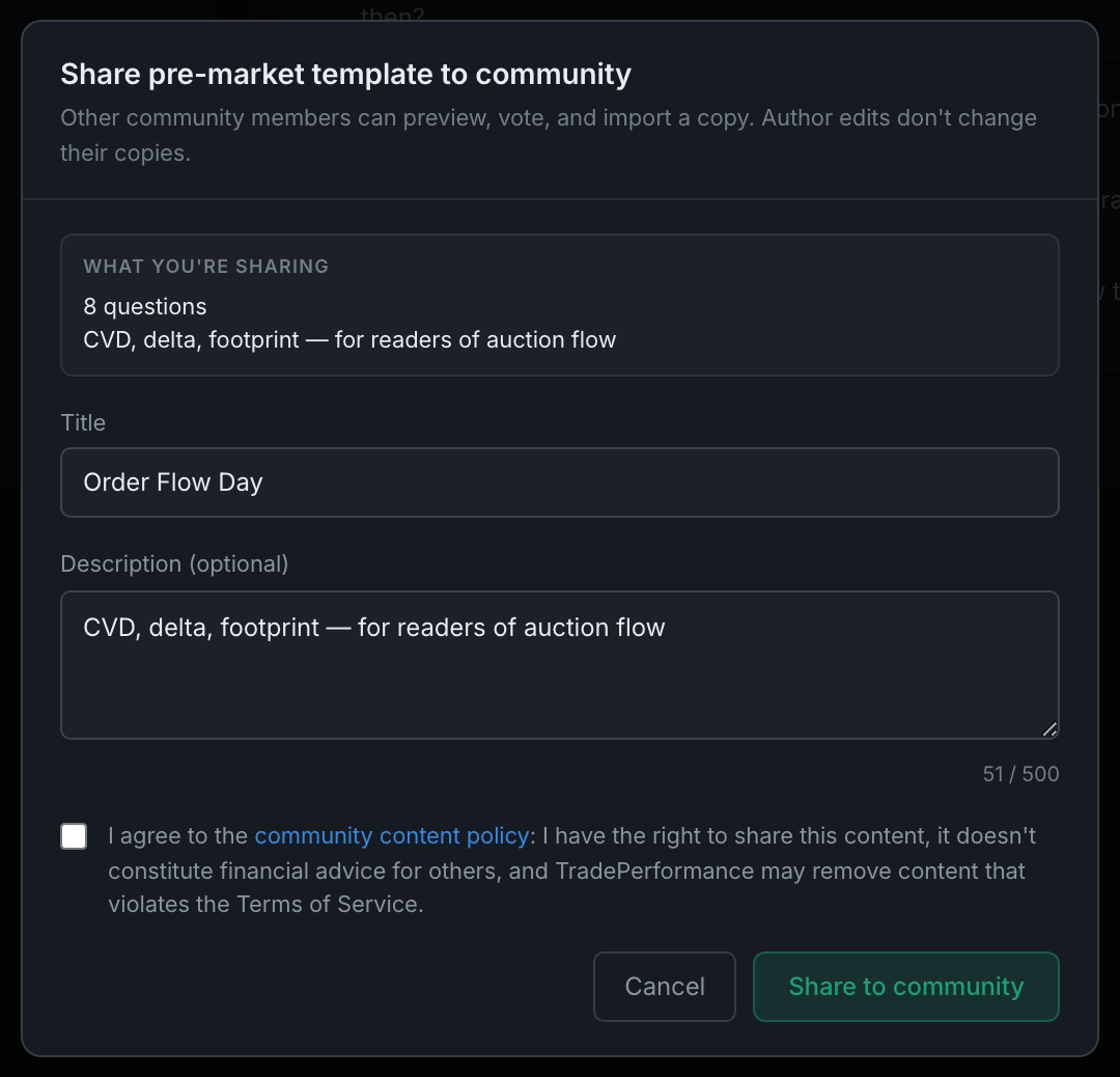 the share dialog: its warning that author edits don't change other people's copies, the WHAT YOU'RE SHARING preview, and the policy box that unlocks the Share button