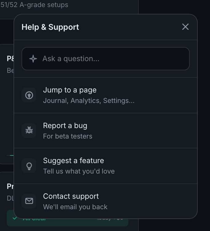 the Help & Support panel: the ask box, and Jump to a page, Report a bug, Suggest a feature and Contact support beneath it