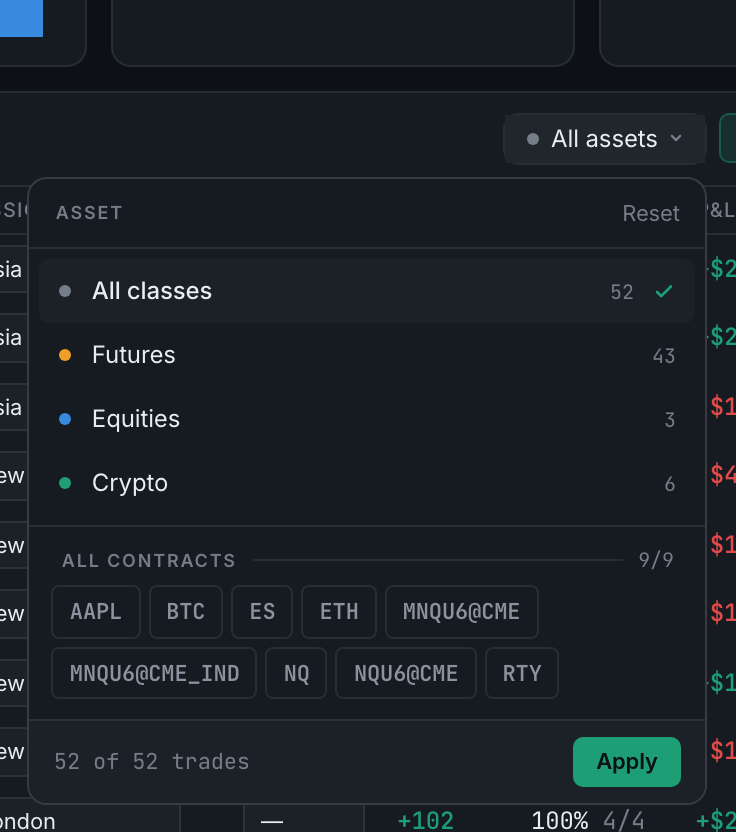 the asset popover open, with classes, contract chips and Apply