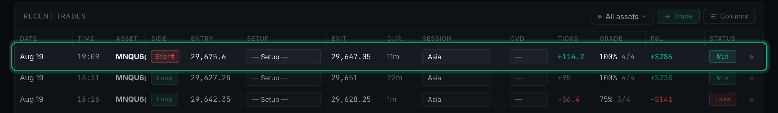 a trade row in the Recent trades panel, highlighted