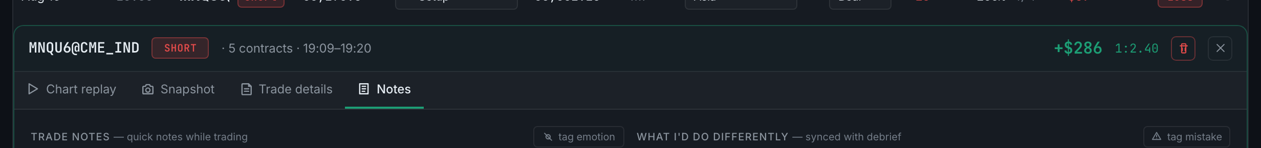 the four tabs across the top of an open trade