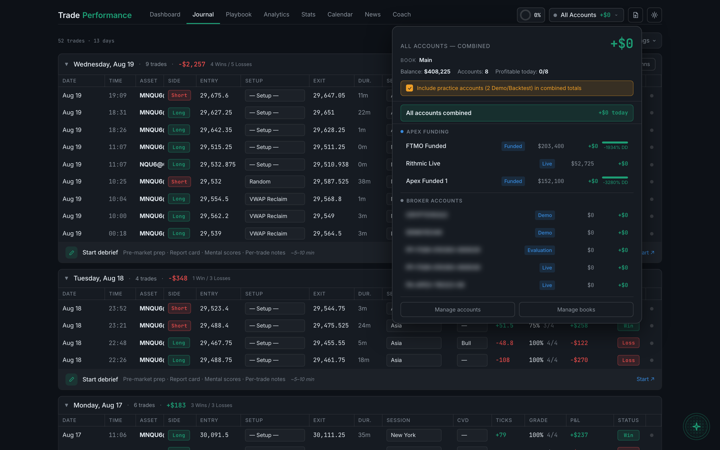 the account panel expanded, showing the combined summary and the account list