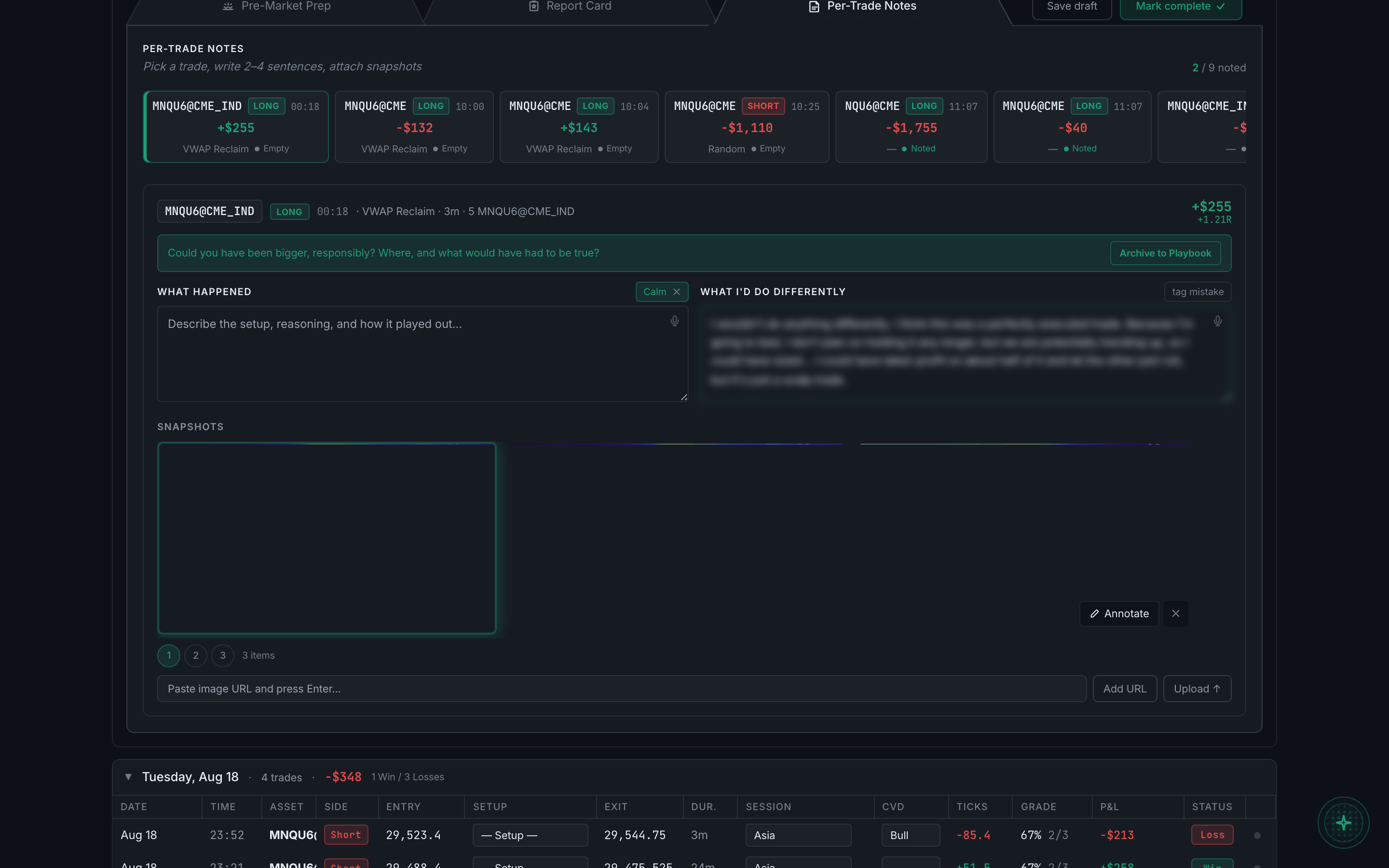 the Per-Trade Notes tab with the trade strip and one trade open