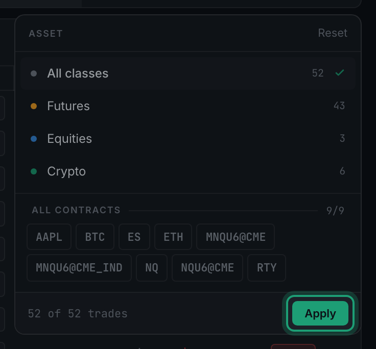 the Apply button and the running trade count at the foot of the Asset panel