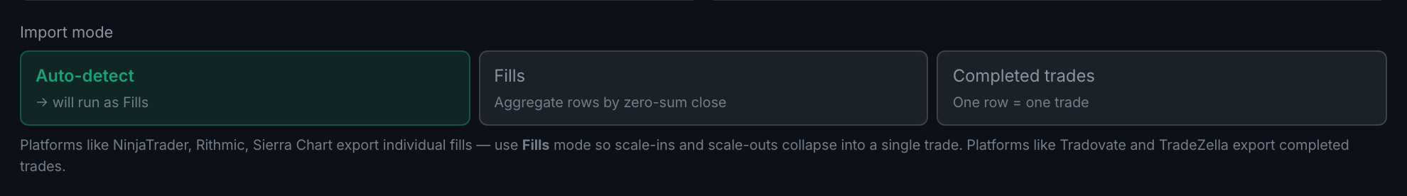 the Import mode buttons, with Auto-detect showing what it decided