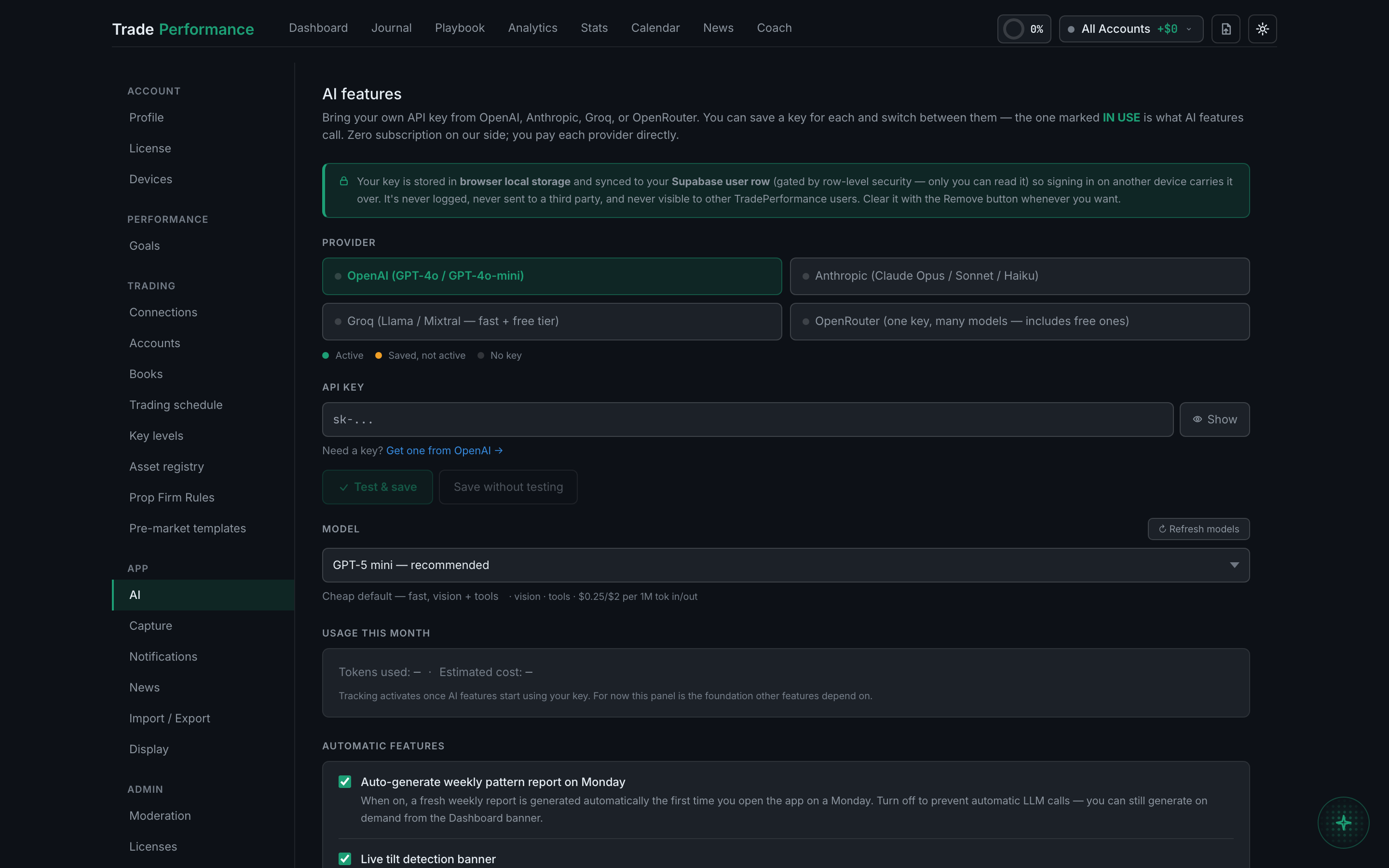 the Auto-tag trades control on the Settings AI tab
