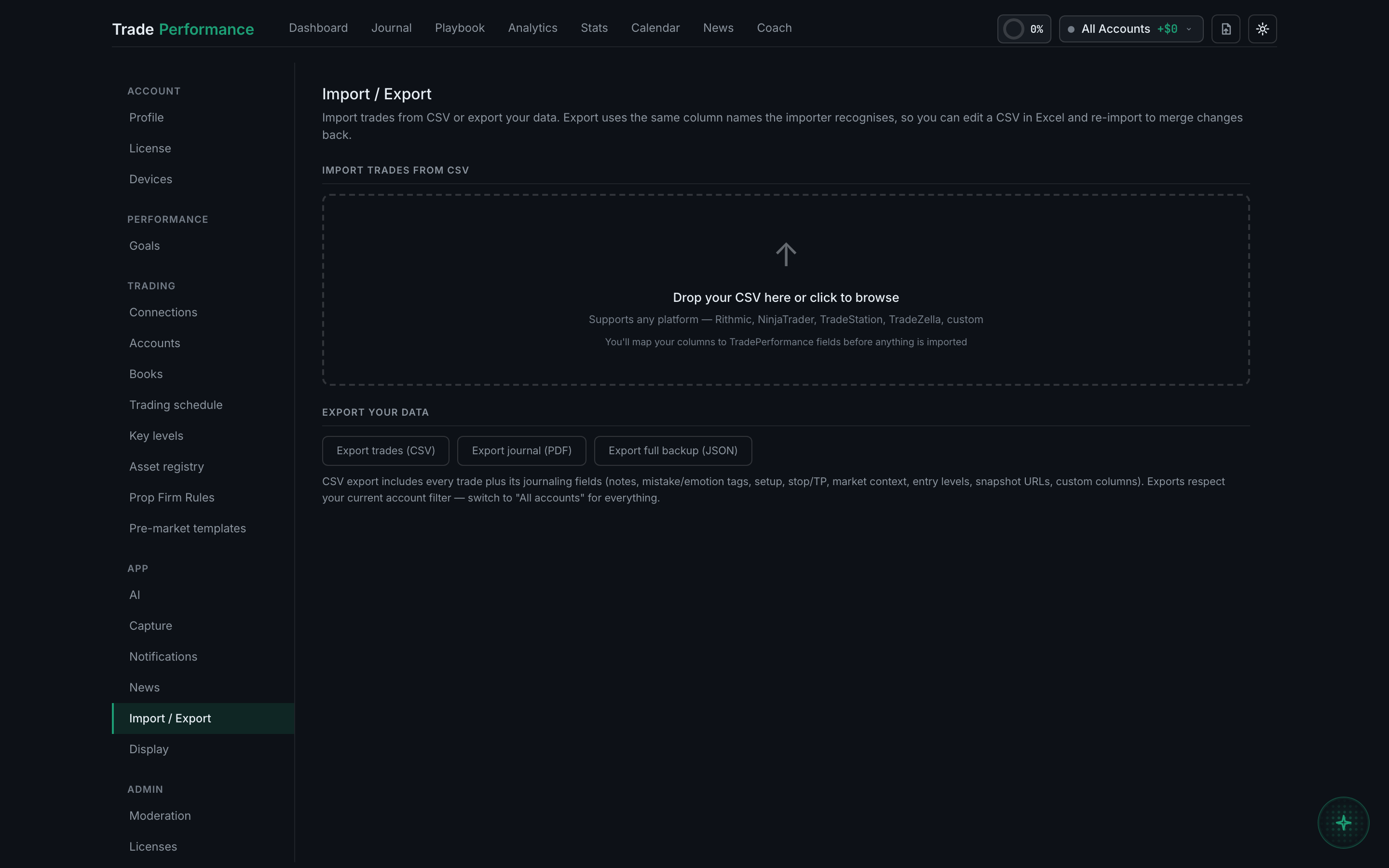 the Import / Export tab in Settings