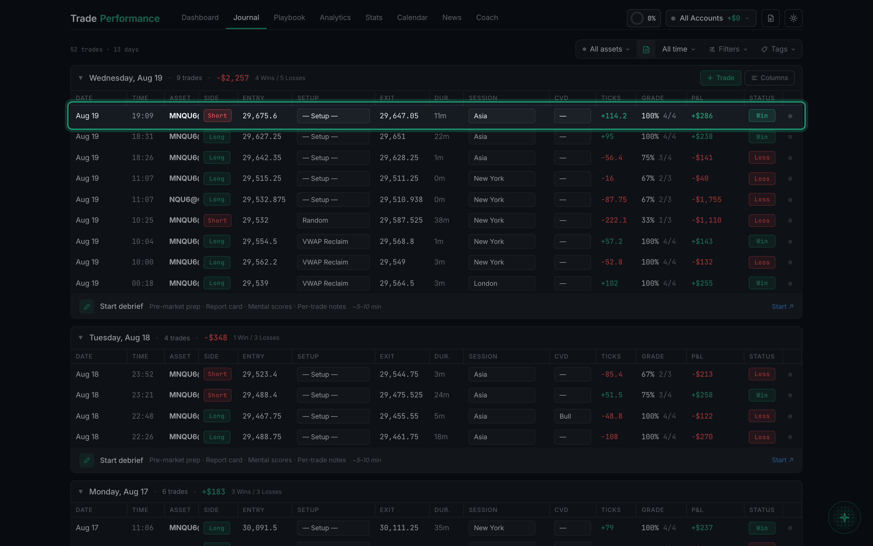 a trade row in the Journal, highlighted, ready to click