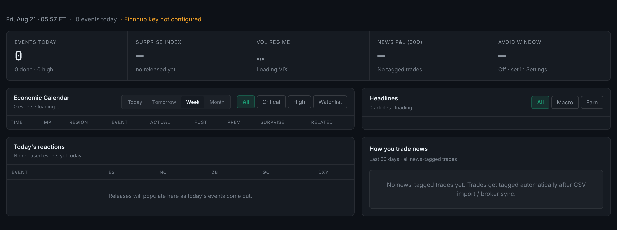 the News page with the backend service off: the amber notice, zero events, and both cards stuck at loading