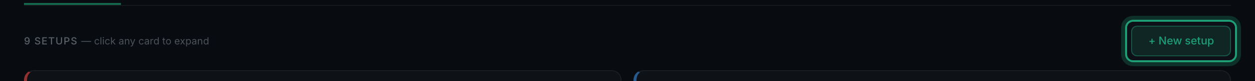 the + New setup button above the setup list, highlighted