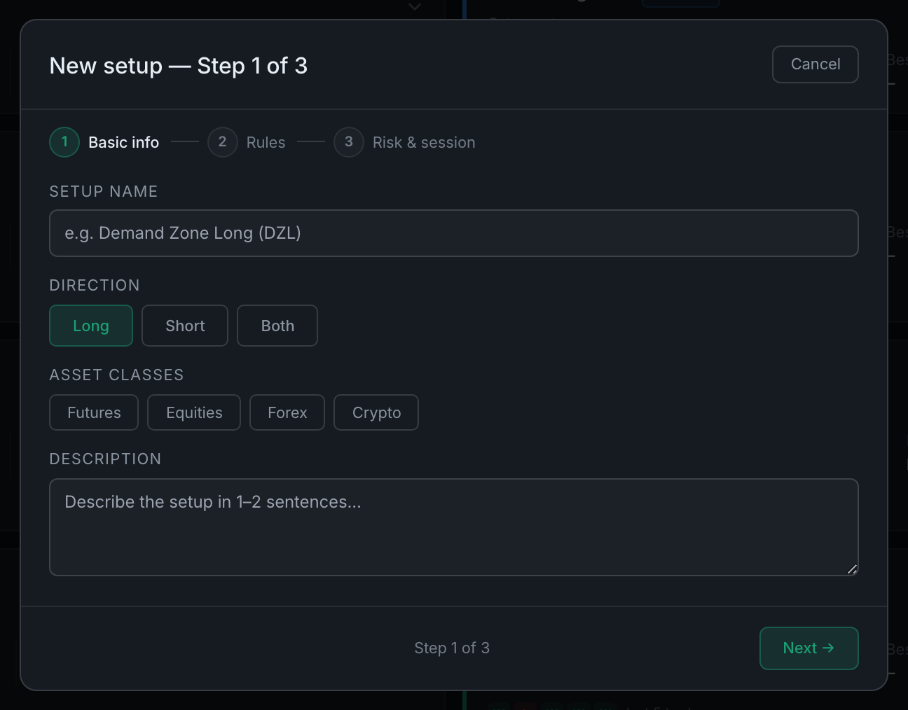 step 1 of the new-setup form, with name, direction, asset classes and description