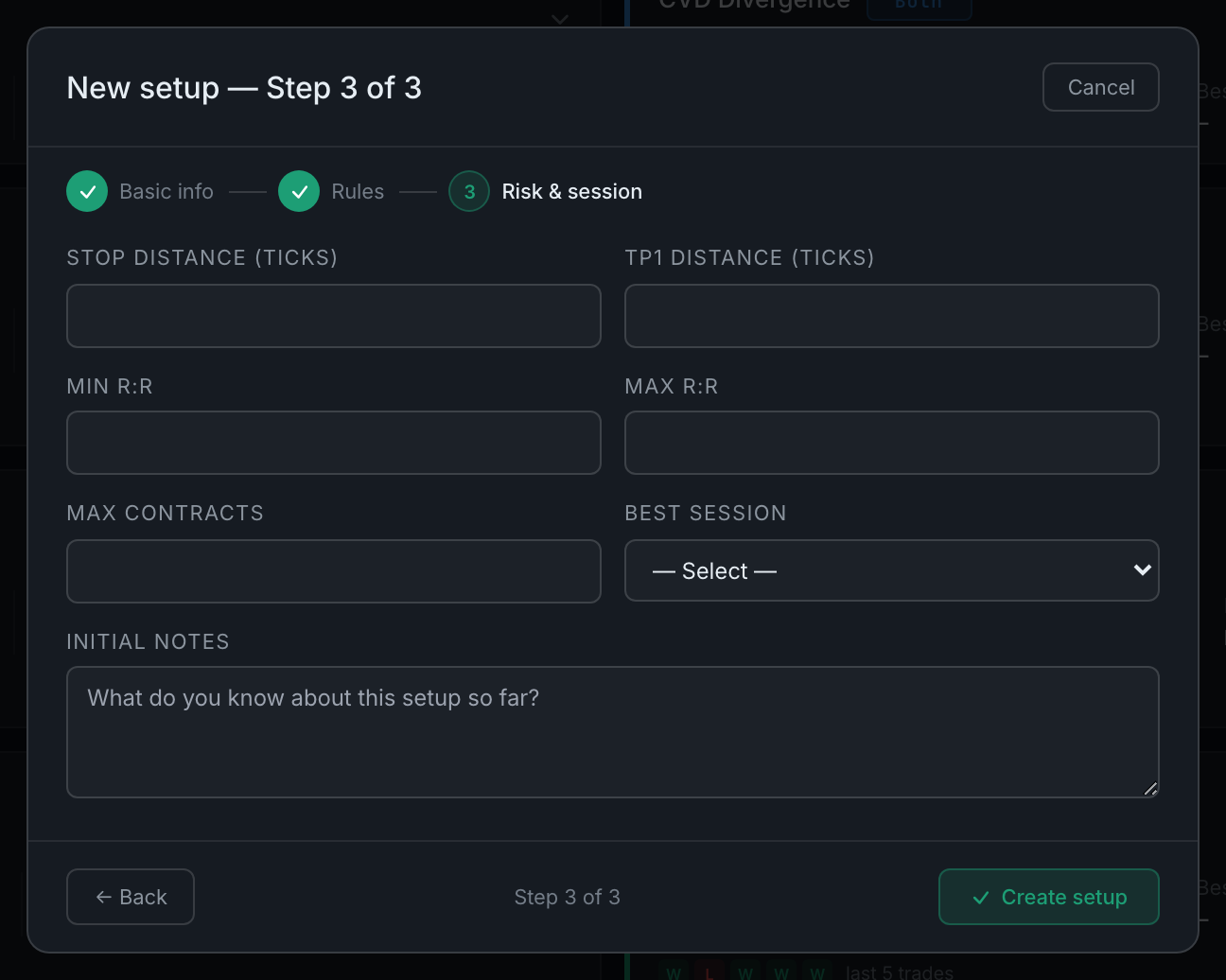 step 3, with the risk figures and the best-session picker