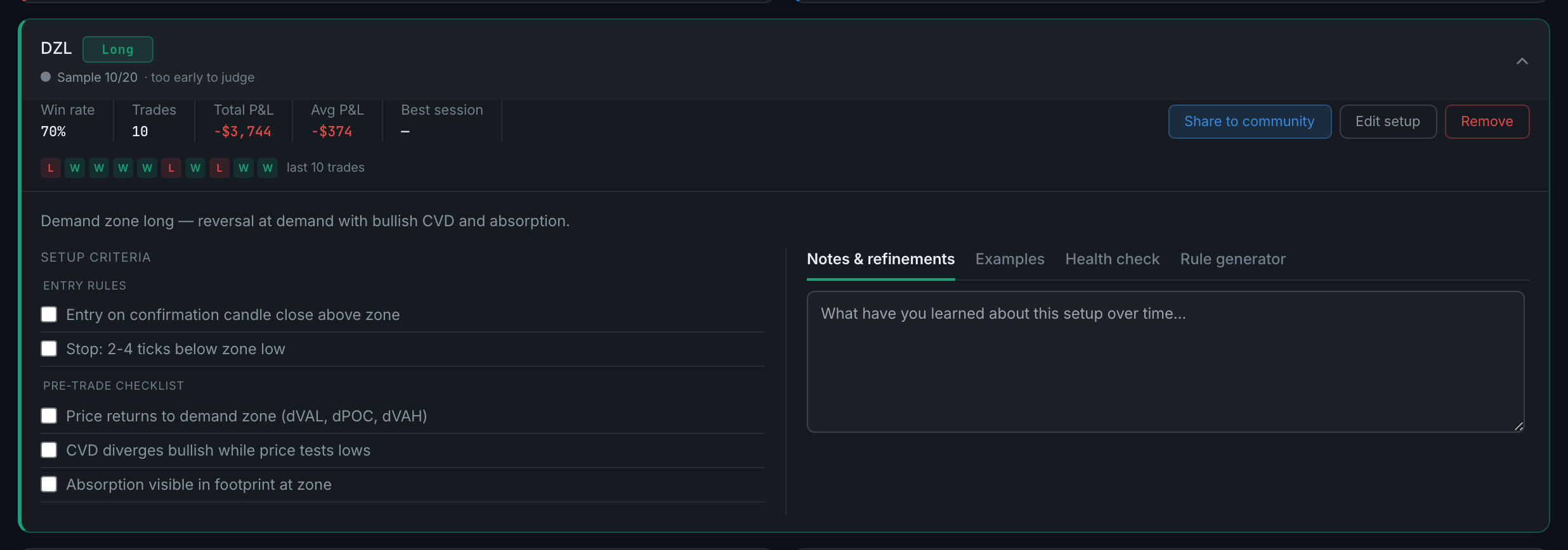 an expanded setup card, with its rules, its four tabs and the action buttons