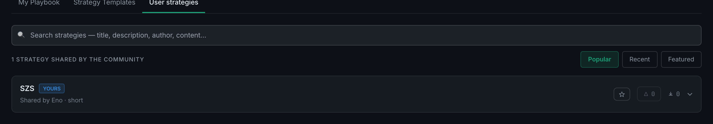 the User strategies tab, with its search box and the Popular / Recent / Featured orderings