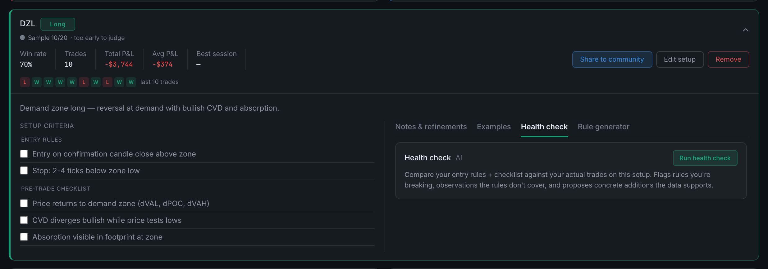 the Health check tab on an expanded setup, before a run