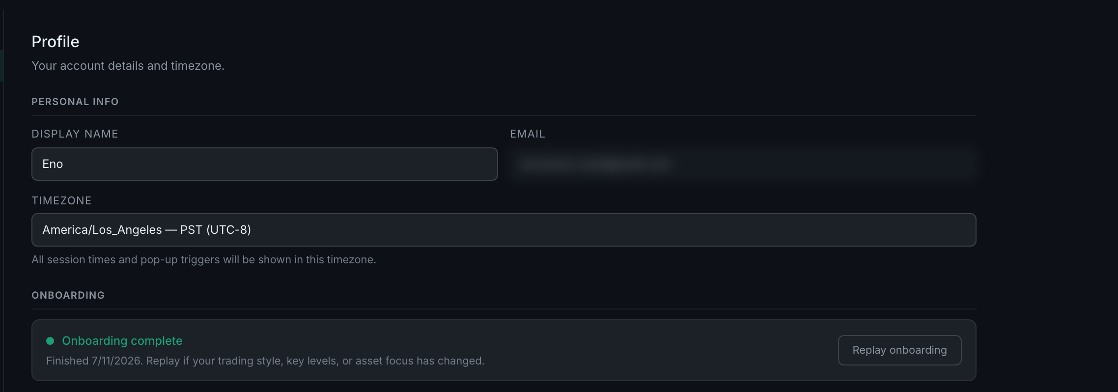 the Profile tab: personal info with the timezone selector, and the onboarding status below it