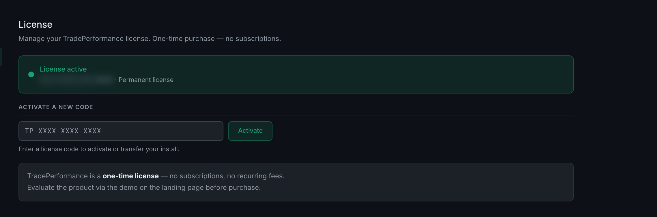 the License tab: the active-licence line with the code blurred, and the Activate a new code field below