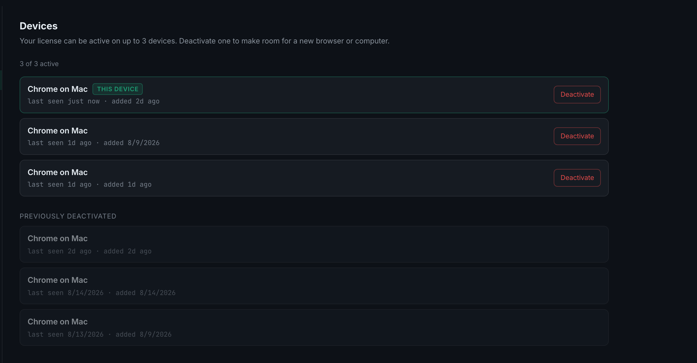the Devices tab: the three-device explanation and the list showing how many slots are in use