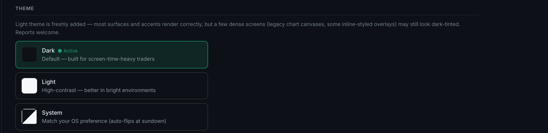 the Display tab's theme picker: Dark, Light and System with their descriptions and swatches