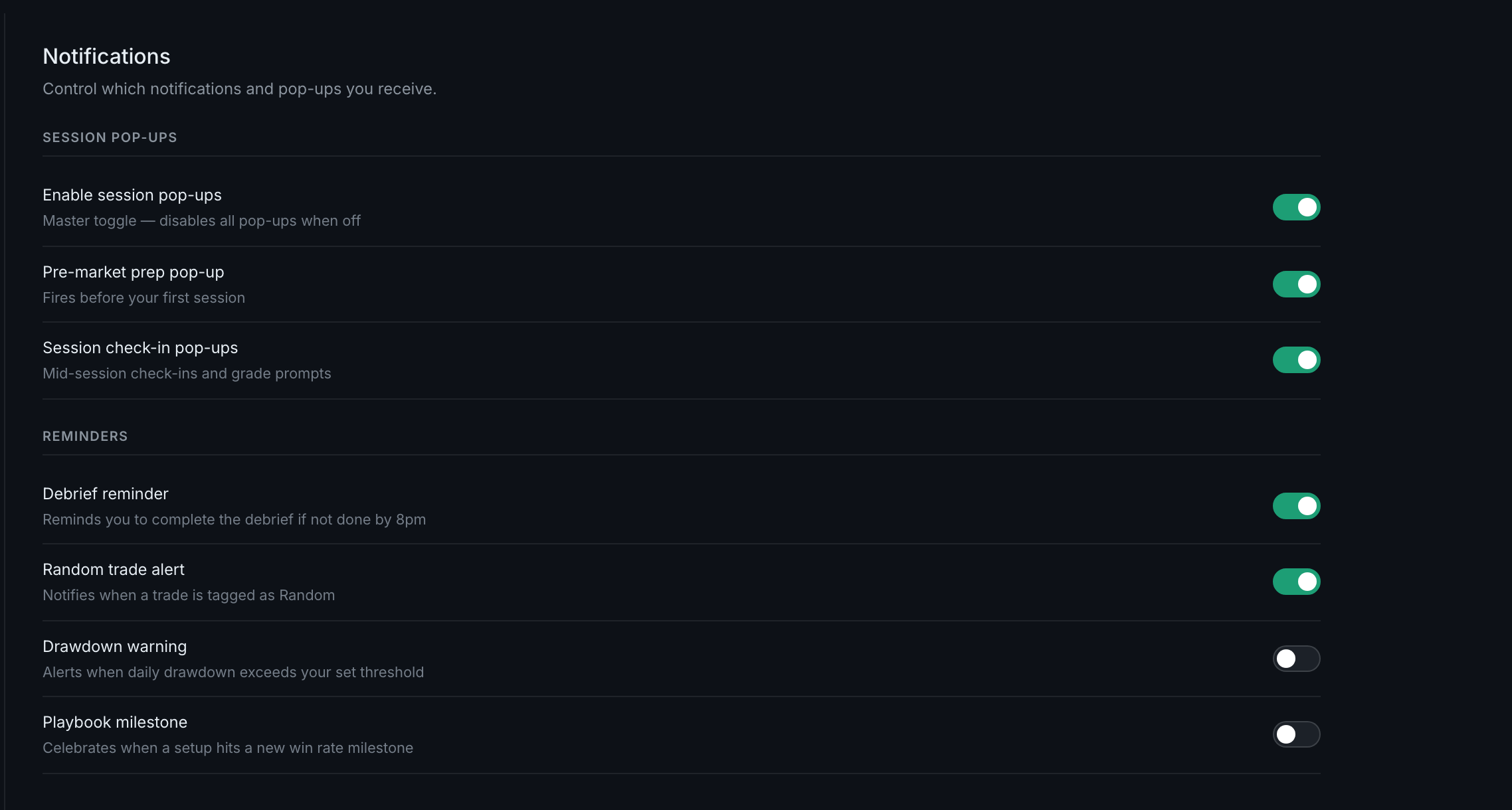 the Notifications tab: session pop-ups under their master switch, and the four reminders below