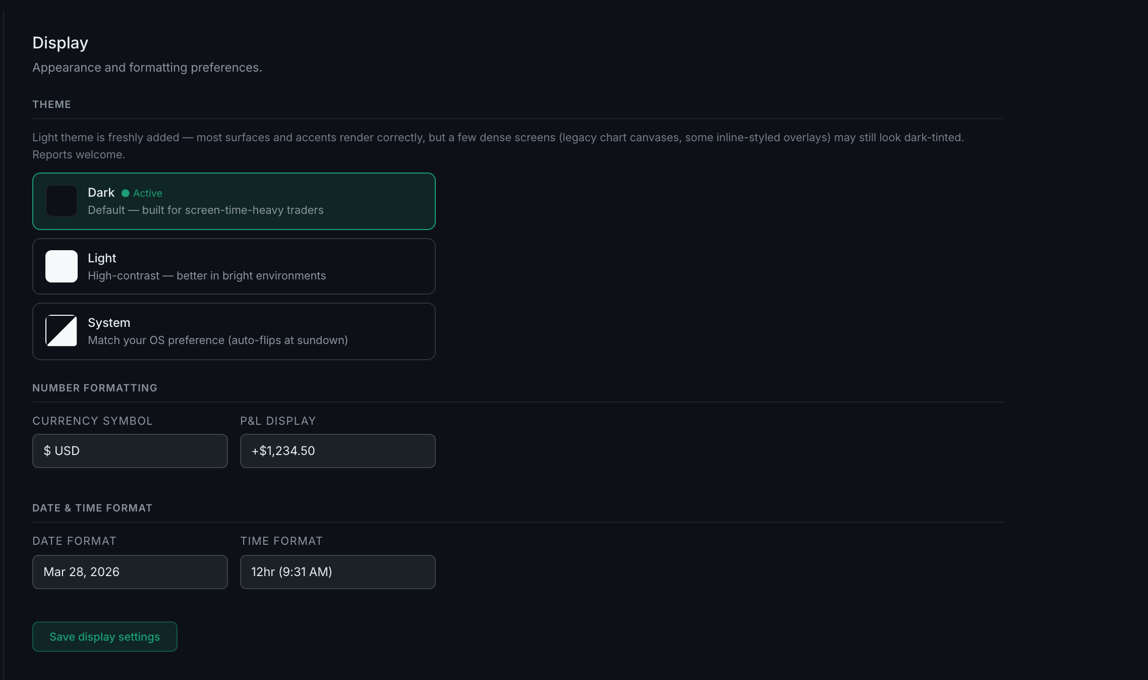 the whole Display tab: theme, number formatting, date and time format, and the save button