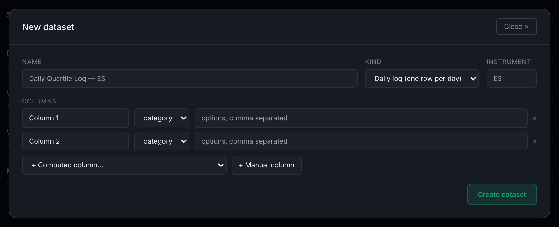 the New dataset modal: name, kind, instrument and the column editor