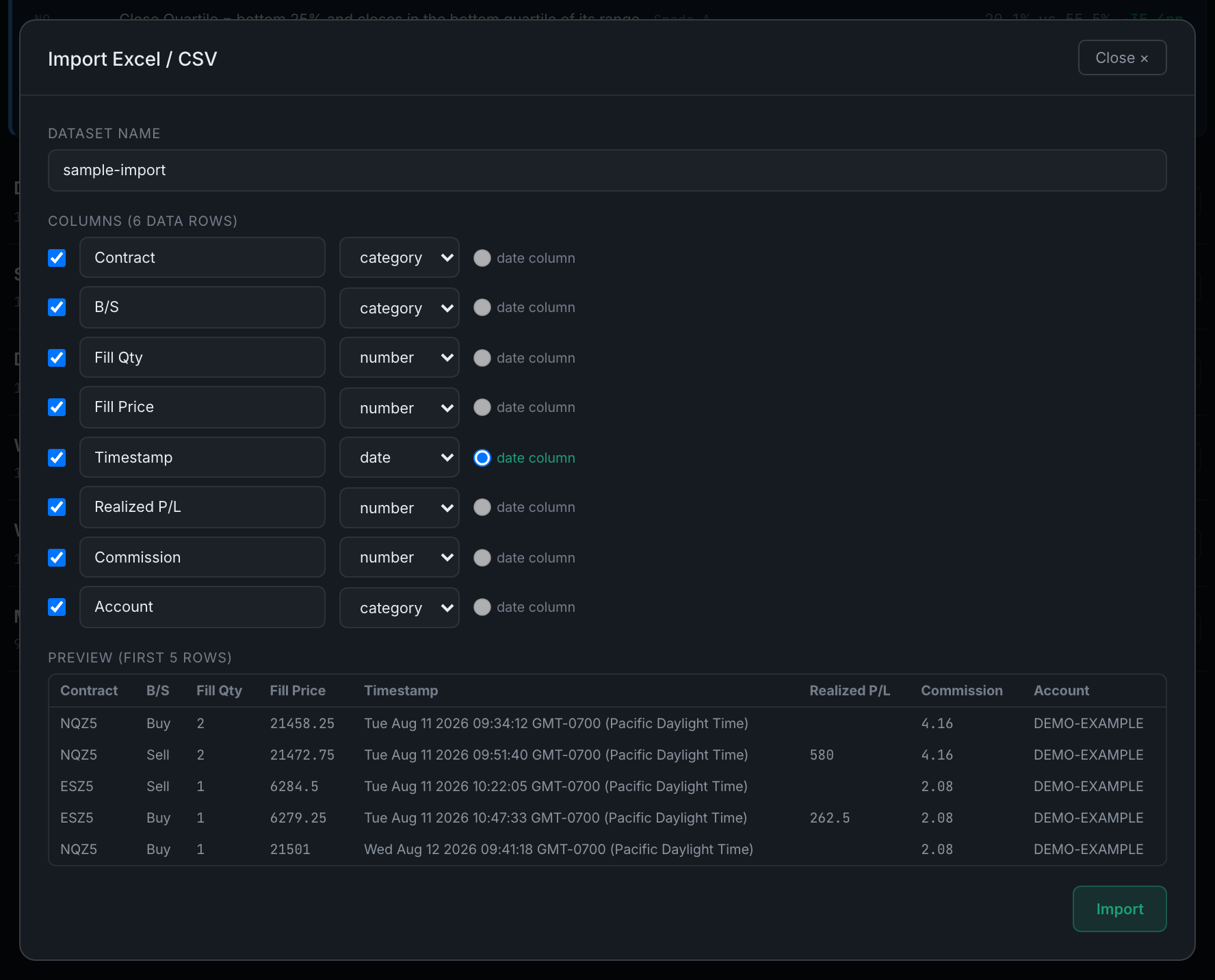 the import mapper: column list, types, the date-column radio, and the preview