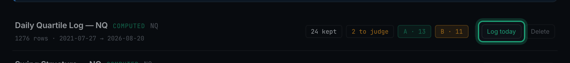 the Log today button at the end of a dataset row
