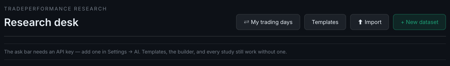 the ask bar on an account with no AI key: the question box is replaced by a pointer to Settings → AI