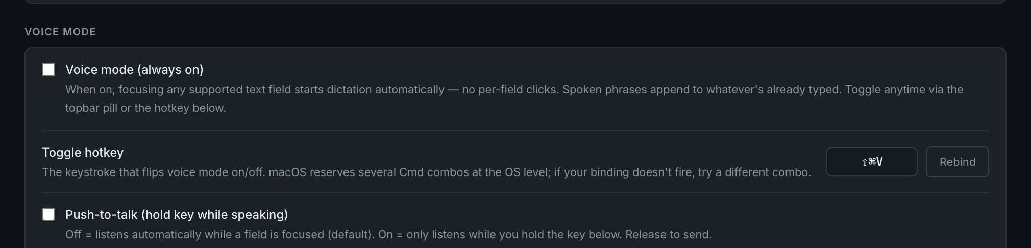 the Voice mode block: the enable checkbox and the toggle hotkey row with its Rebind button